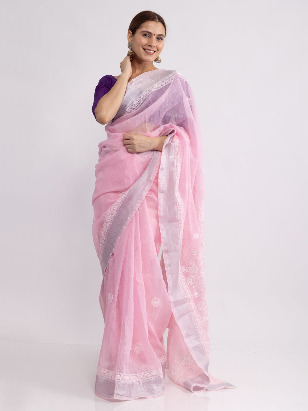 

Hastya Kala Women Ethnic Motifs Chikankari Chanderi Saree, Pink