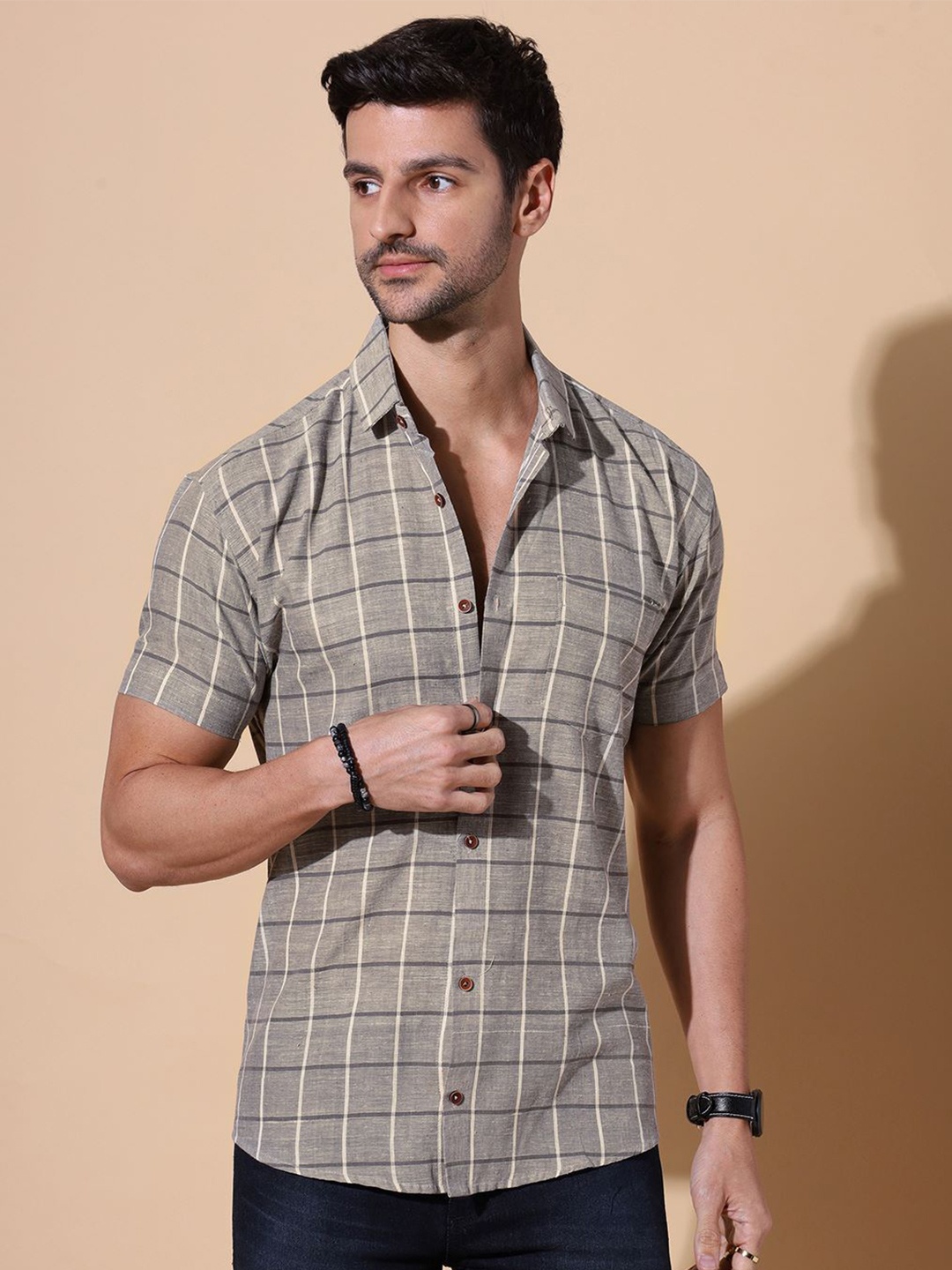 

MOSHI Men Comfort Windowpane Checks Opaque Checked Casual Shirt, Grey