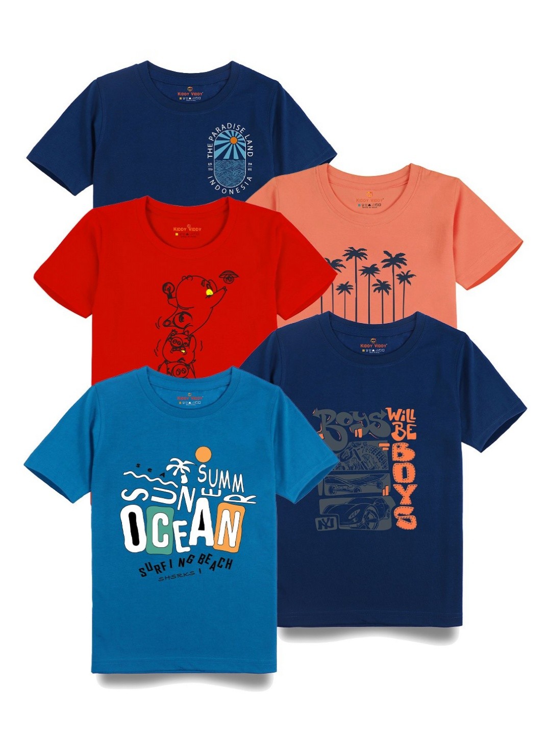 

AUSK Boys Pack Of 5 Graphic Printed Round Neck Cotton T-Shirts, Red