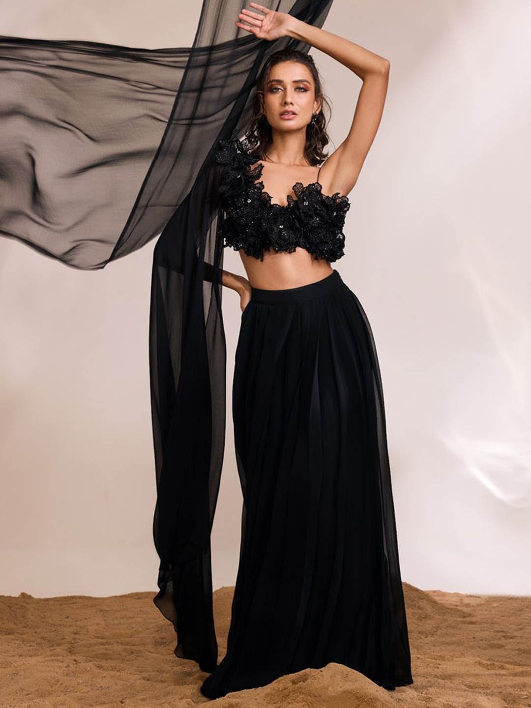 

DIVYA AGGARWAL Embellished One Shoulder Blouse With Drape Skirt, Black