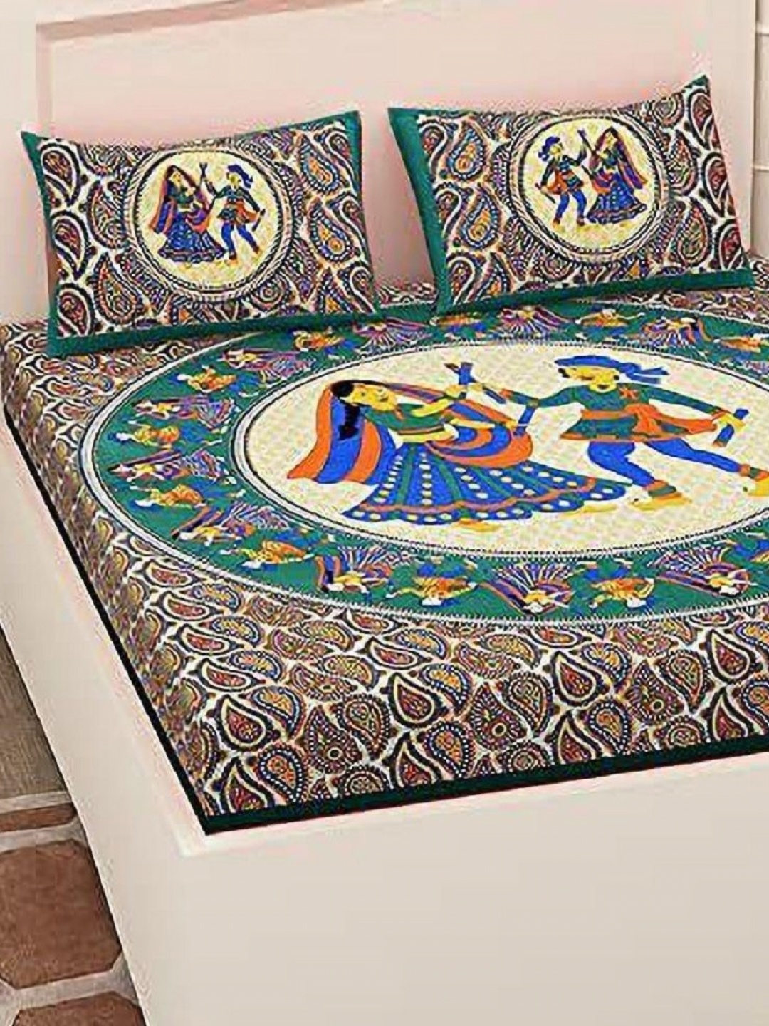 

AYAT COLLECTION Green Ethnic 144 TC Pure Cotton Queen Bedsheet With 2 Pillow Covers