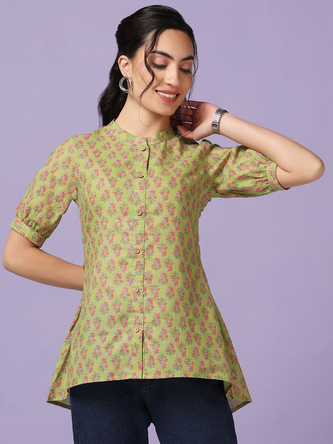 

BAESD Floral Print Mandarin Collar Cotton Top, Green