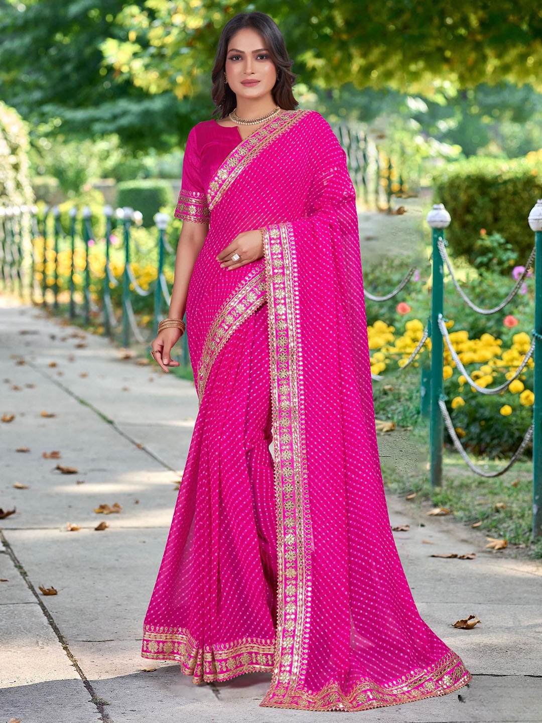 

Kalista Leheriya Embroidered Pure Georgette Designer Bandhani Saree, Pink