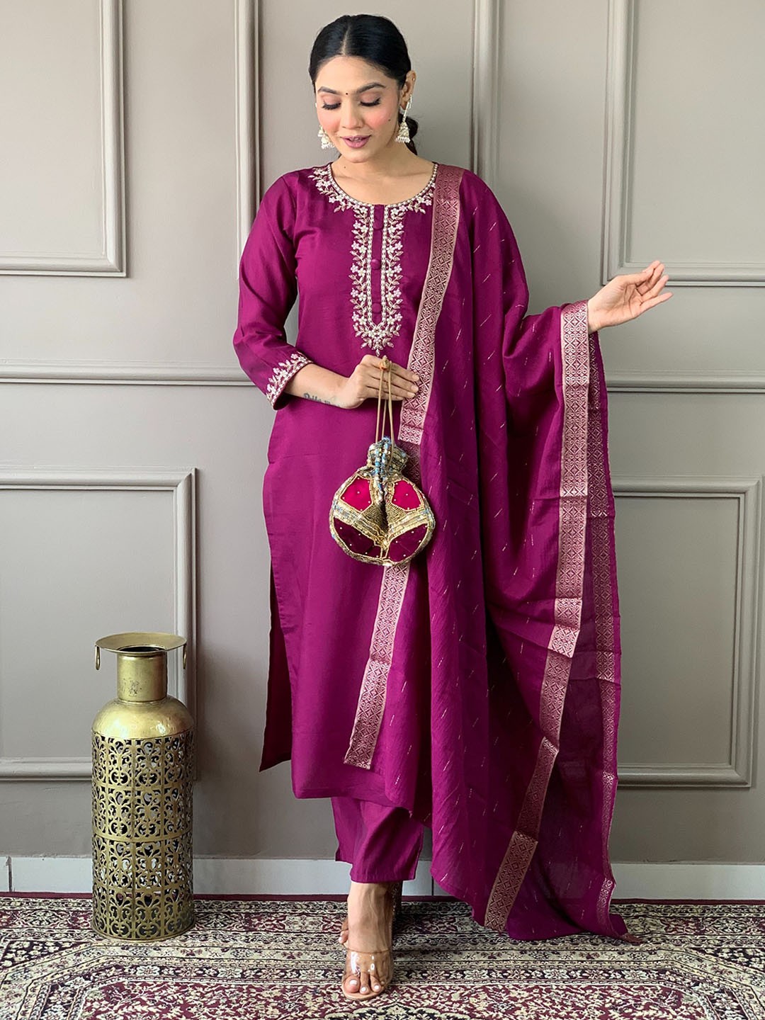 

NIZA FASHION Floral Yoke Design Thread Work Chanderi Silk Kurta with Trousers & Dupatta, Purple