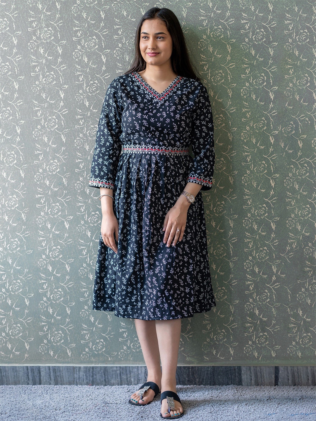 

JAIPURI BUNAAI Fit & Flare Floral Midi Dress, Navy blue