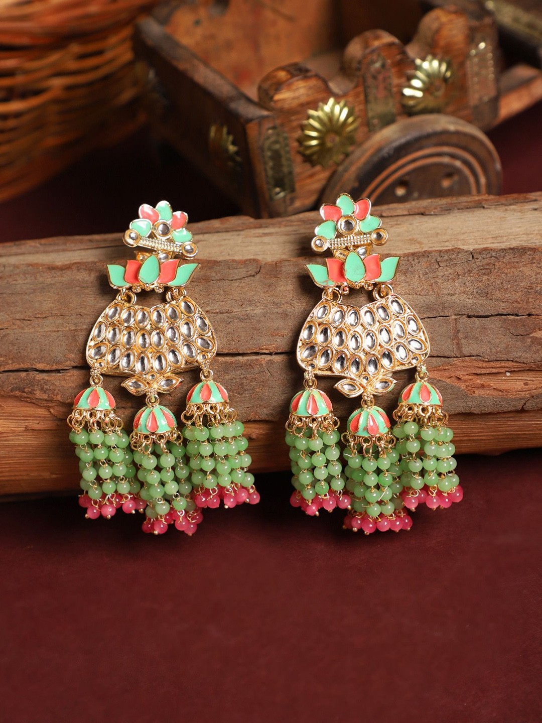 

Anouk Gold Plated Contemporary Artificial Beads & Stones Studded Tasselled Drop Earrings, Sea green