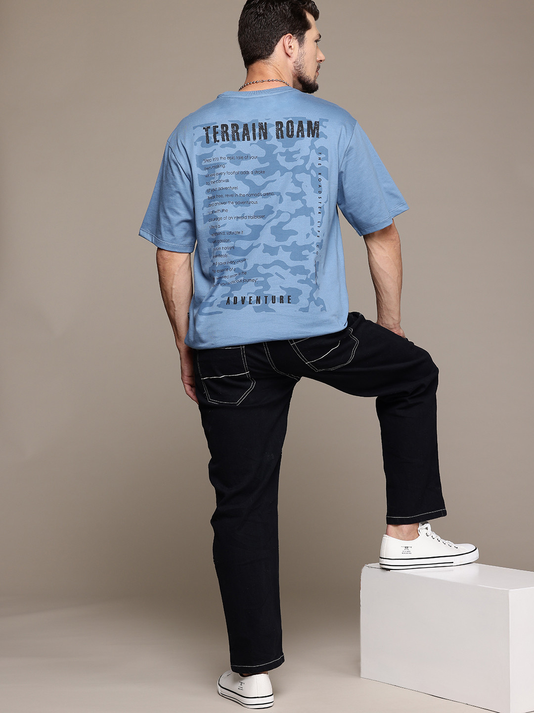 

The Roadster Lifestyle Co. Printed Drop-Shoulder Sleeves Pure Cotton Relaxed T-shirt, Blue