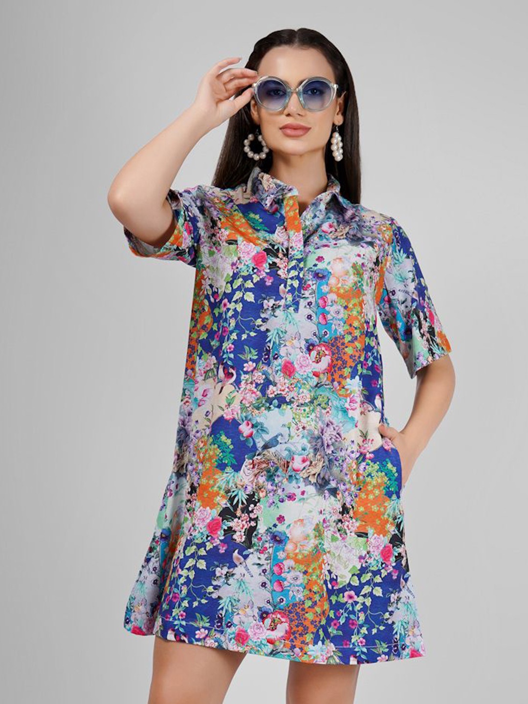 

Sukshat Floral Printed A-Line Shirt Collar Mini Dress, Blue