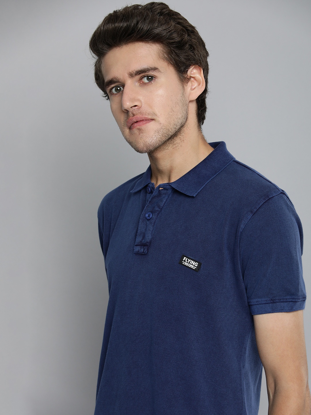 

Flying Machine Men Navy Blue Pure Cotton Polo Collar Applique Slim Fit T-shirt
