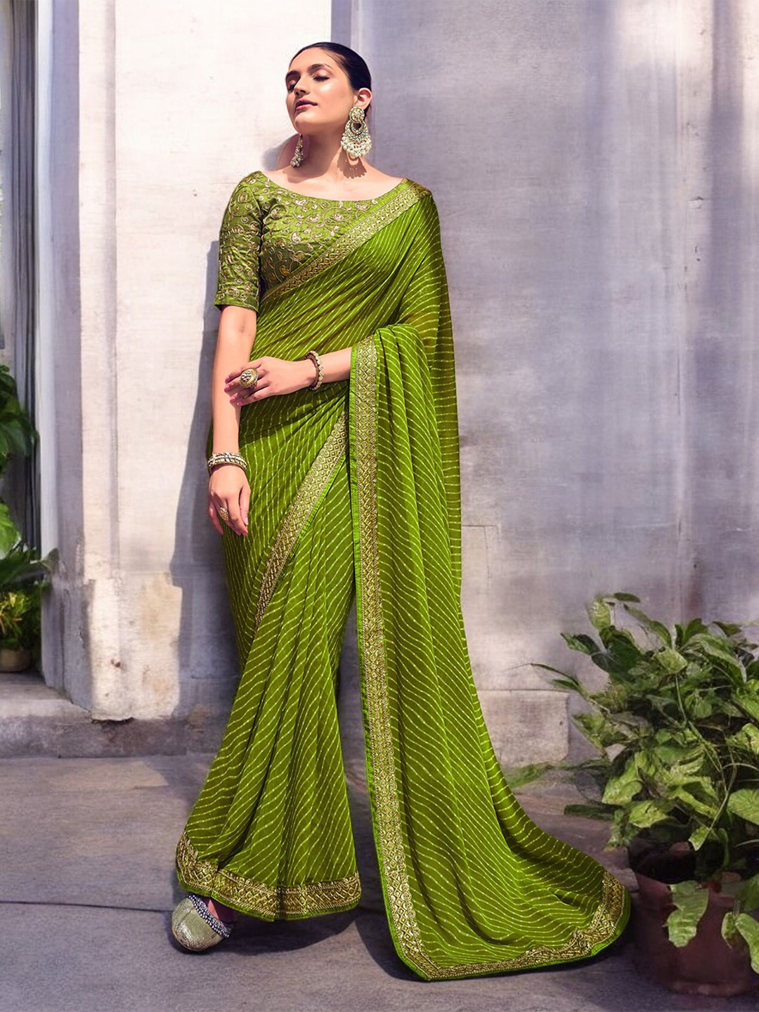 

Ambuja International Leheriya Sequinned Pure Georgette Leheriya Saree, Lime green