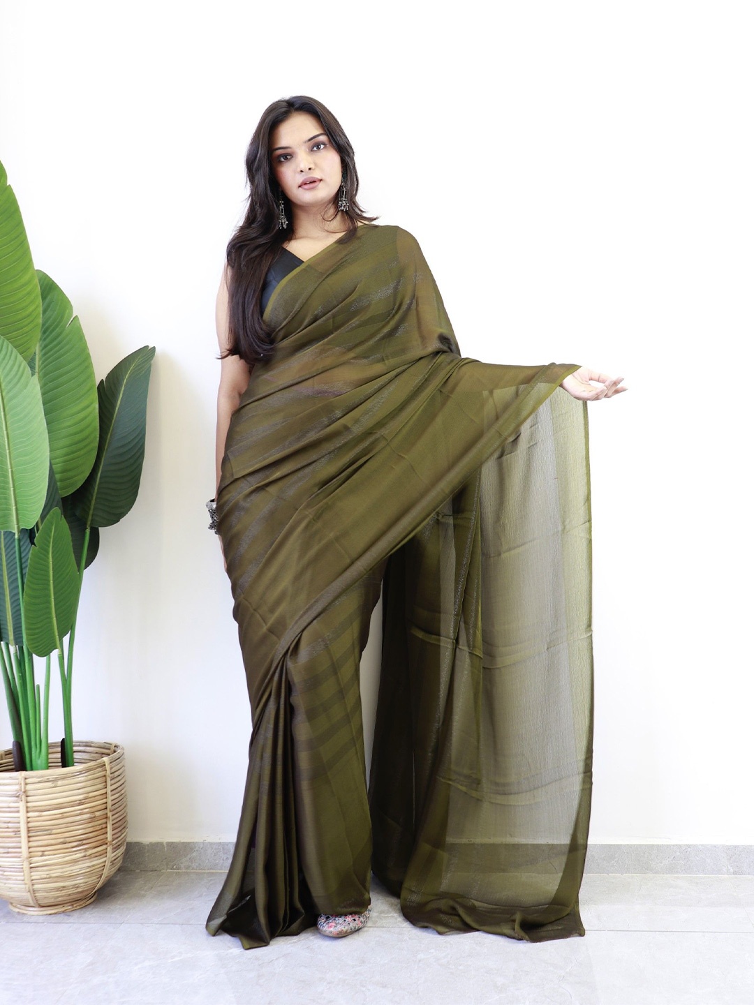

Panzora Striped Ready to Wear Saree, Olive