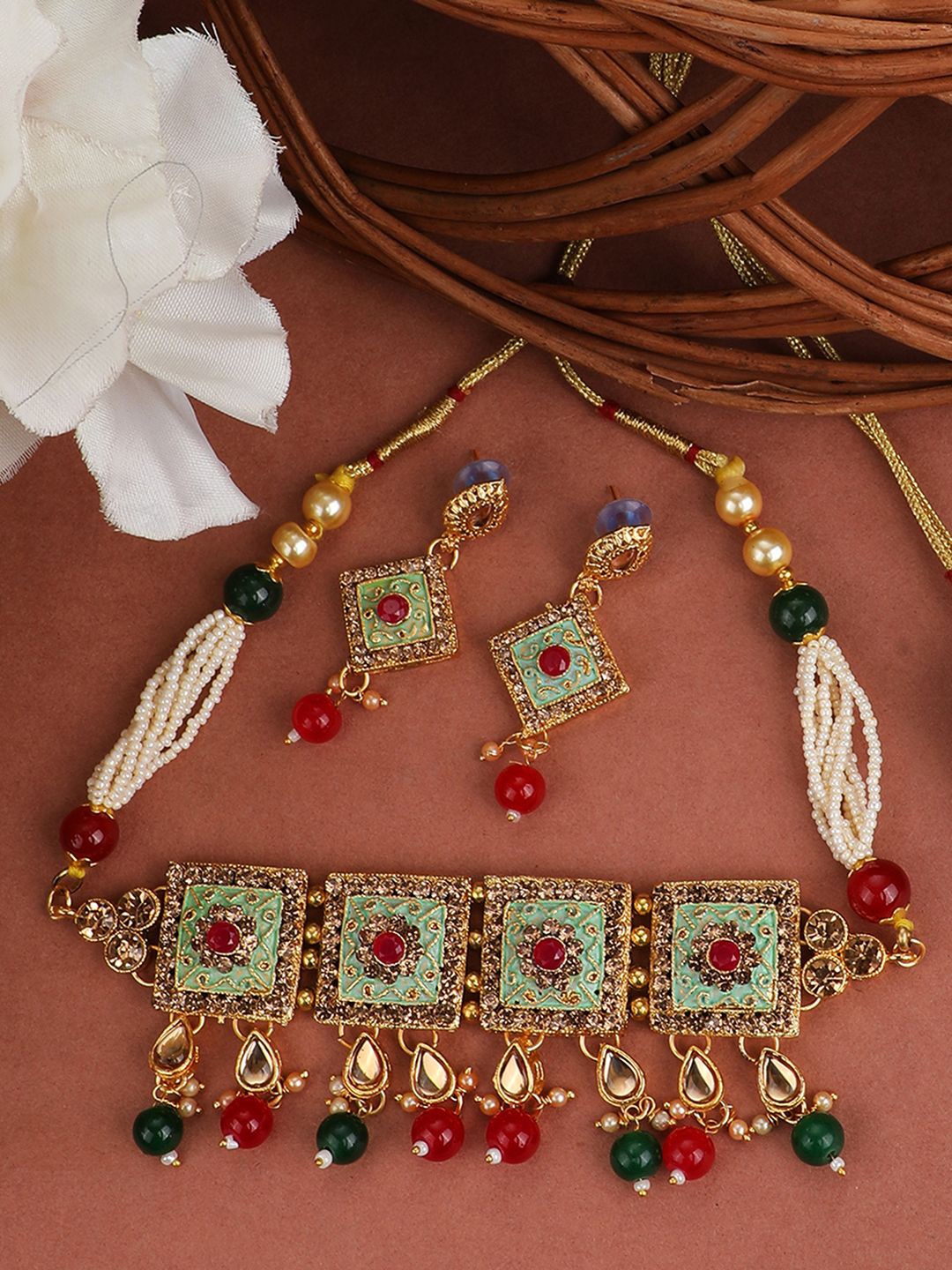 

MODE MANIA Gold-Plated Enamelled Square Stone-Studded & Pearl Jewellery Set