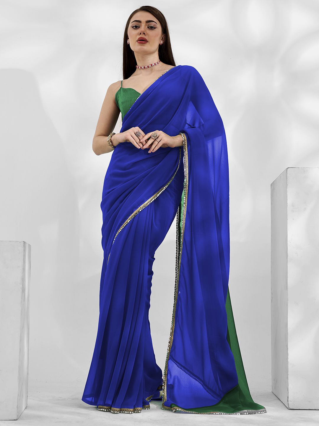 

Mitera Colourblocked Zari Pure Chiffon Ready to Wear Saree, Blue