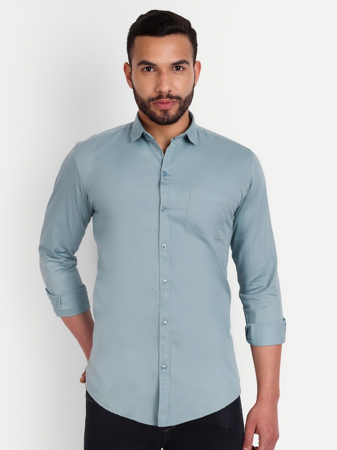 

MEGHZ Men Slim Fit Opaque Casual Shirt, Teal
