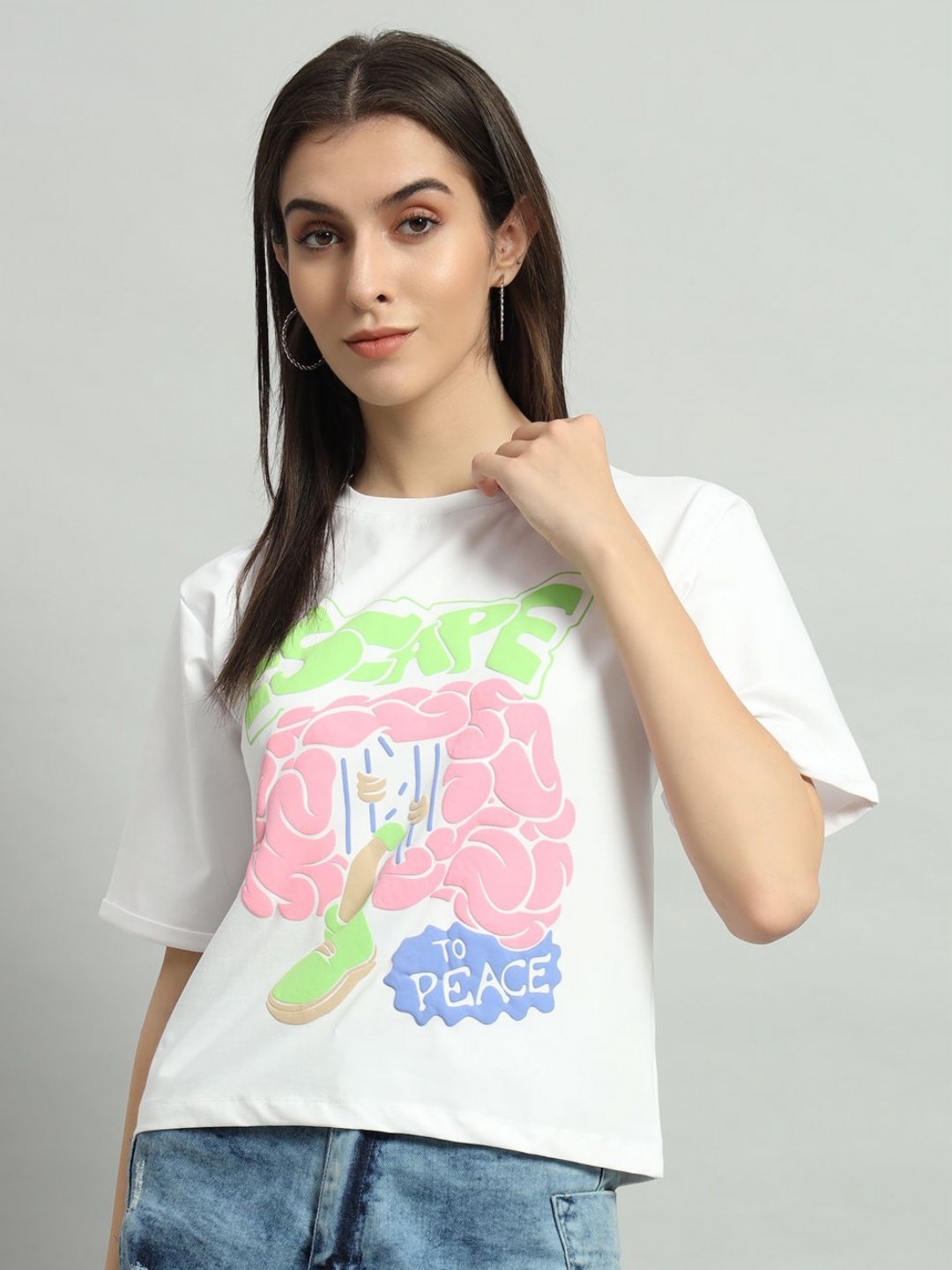 

AECK Women Graphic Printed Round Neck Cotton T-Shirt, White