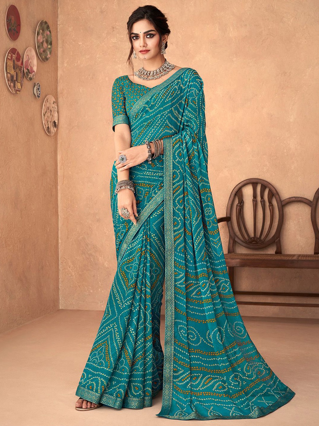 

Panzora Bandhani Zari Poly Chiffon Saree, Blue