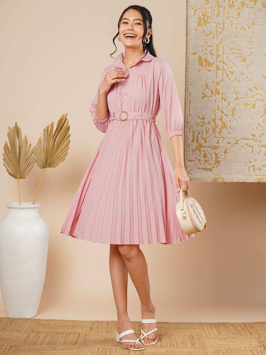 

CARTYSHOP Puff Sleeves Fit & Flare Midi Dress, Pink