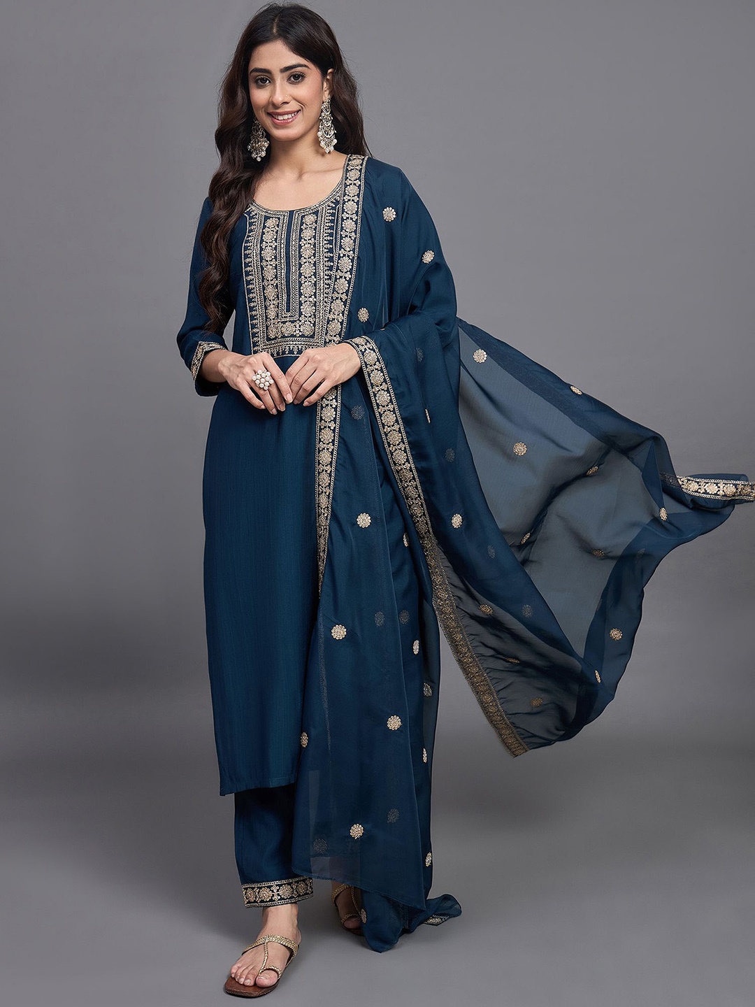 

KLOSIA Ethnic Motifs Embroidered Sequinned Pure Silk Straight Kurta With Trouser & Dupatta, Navy blue