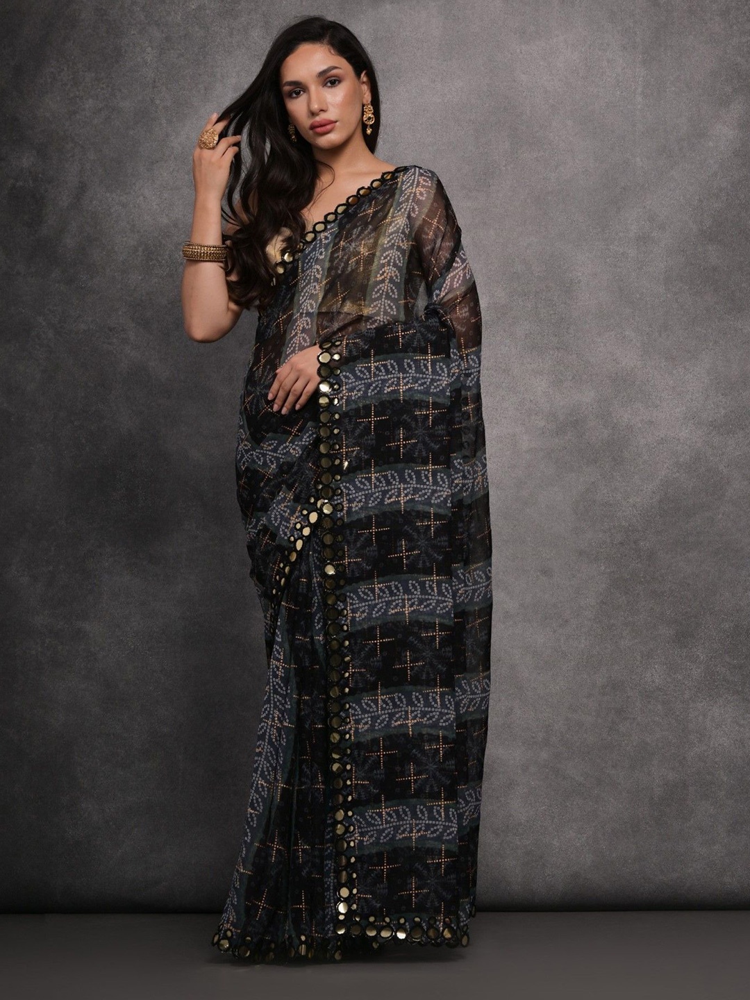 

Panzora Mirror Work Poly Georgette Saree, Black