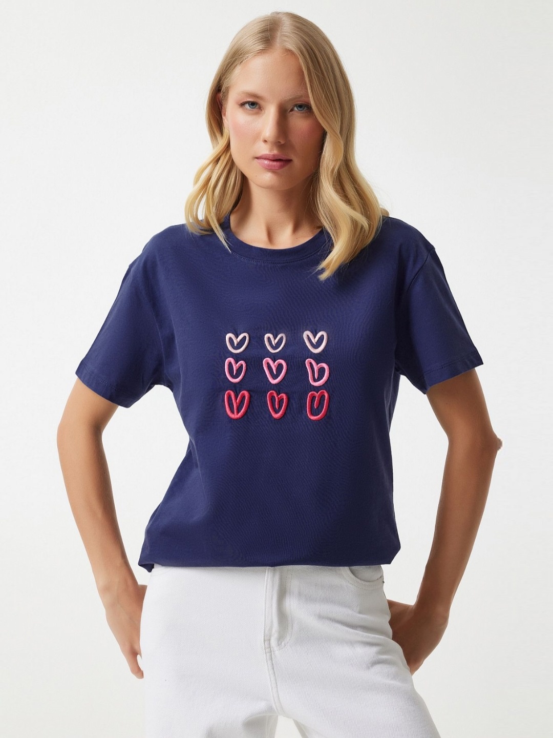 

Happiness istanbul Women Graphic Printed Round Neck Cotton T-shirt, Navy blue