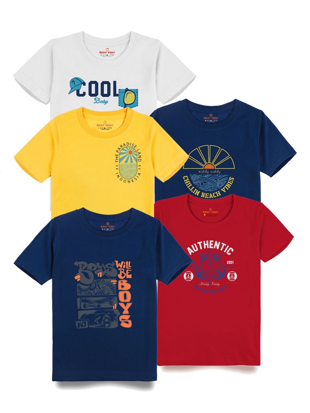 

AUSK Boys Pack Of 5 Typography Printed Round Neck Cotton T-Shirts, Blue