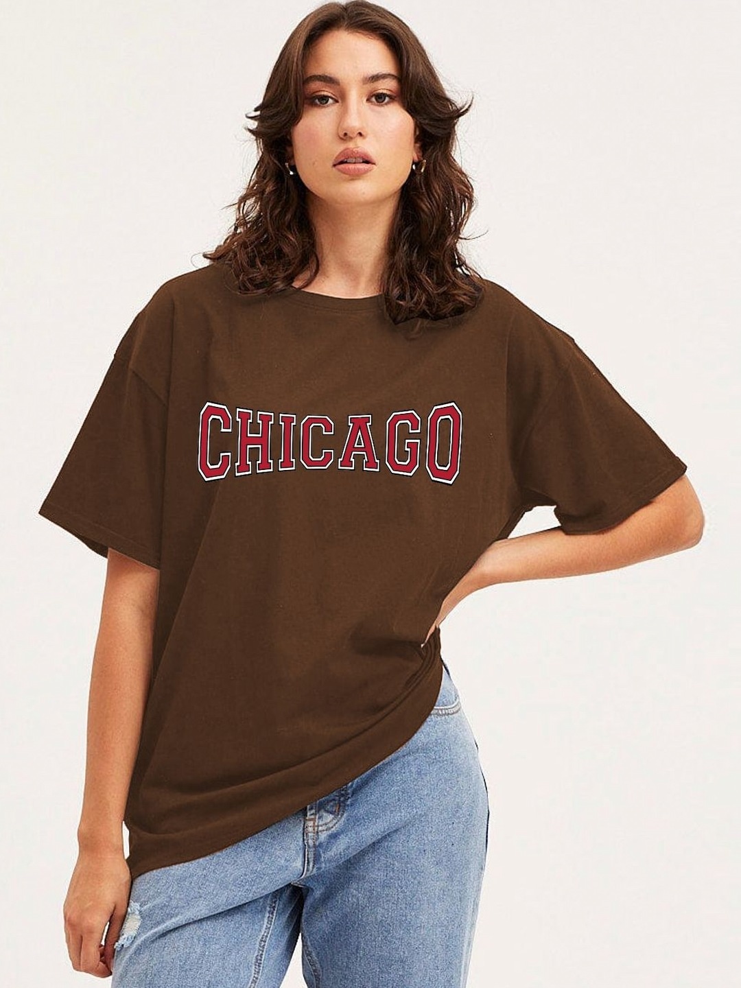 

Genzy Women Typography Printed Drop-Shoulder Sleeves Applique T-shirt, Brown