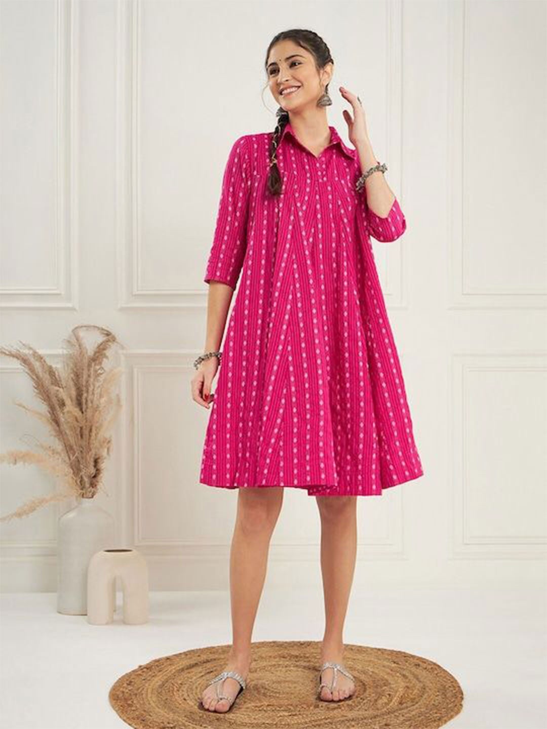

JAIPURI BUNAAI Women Printed Shirt collar A-line Midi Dress, Pink
