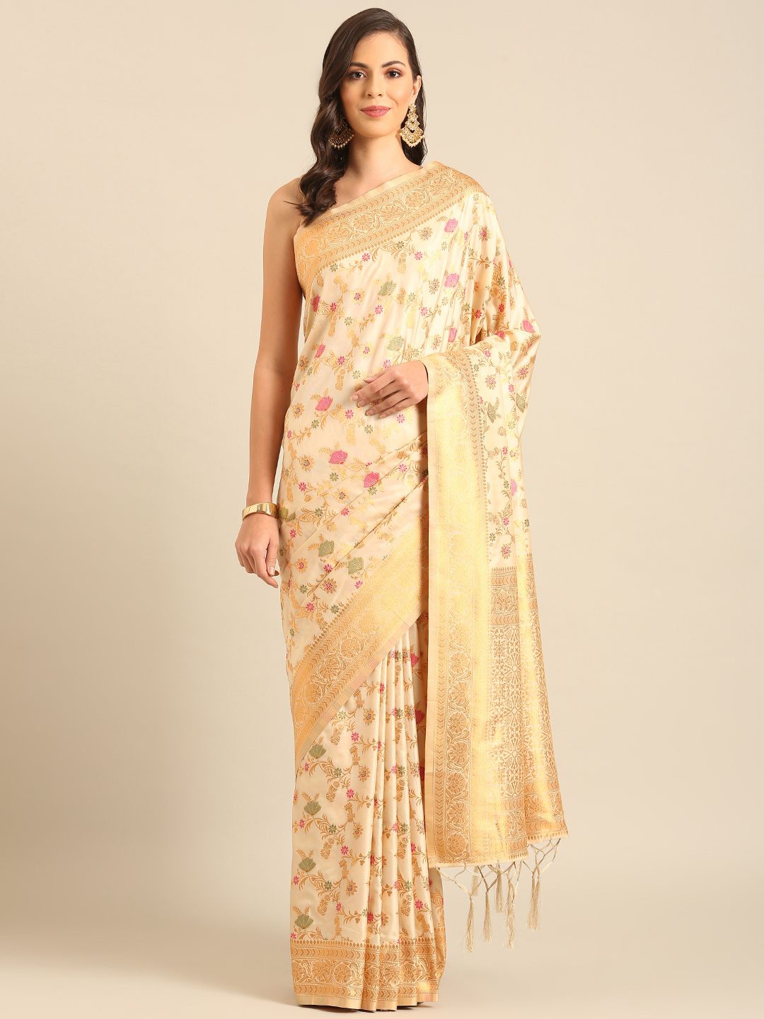 

Ishin Women Woven Design Floral Saree, Cream