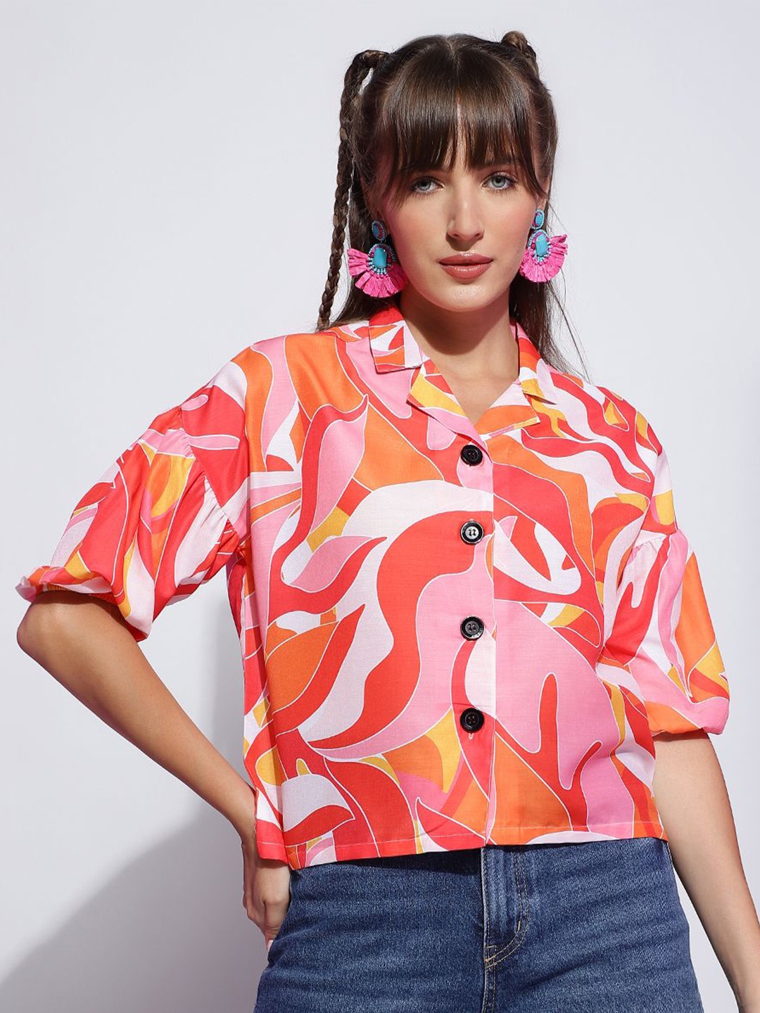 

FashionsEye Print Bishop Sleeves Boxy Crop Top, Orange