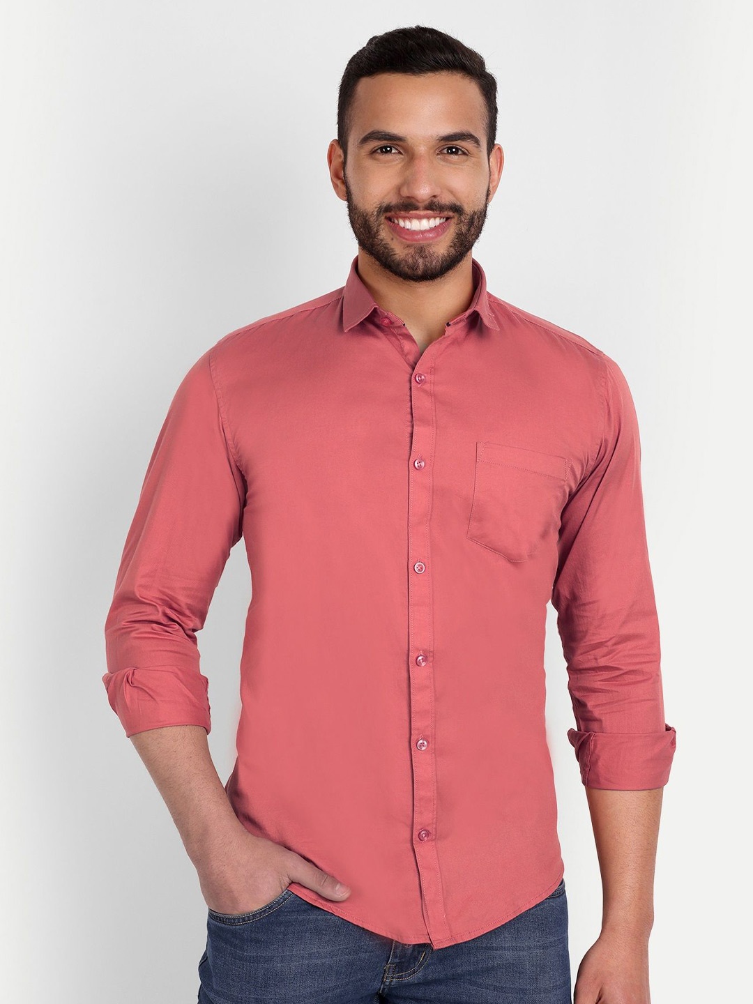 

MEGHZ Men Slim Fit Opaque Casual Shirt, Peach