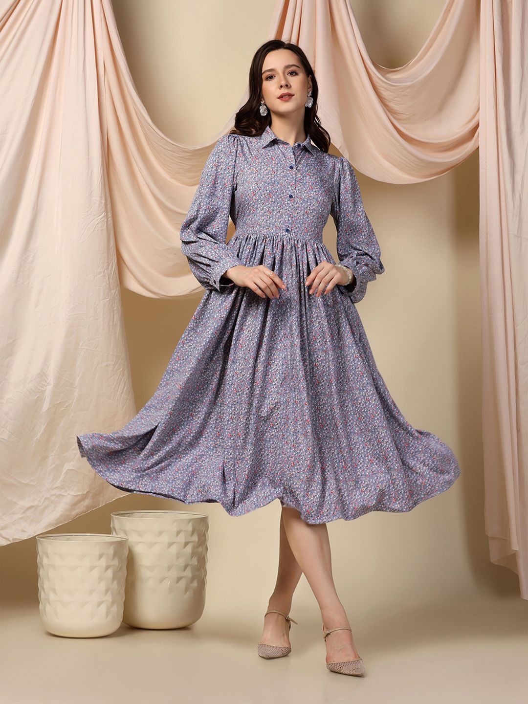 

BAESD Floral Printed Fit & Flare Midi Dress, Grey