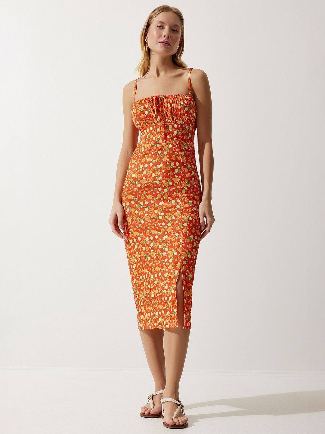 

Happiness istanbul Floral Printed Sheath Midi Dress, Orange