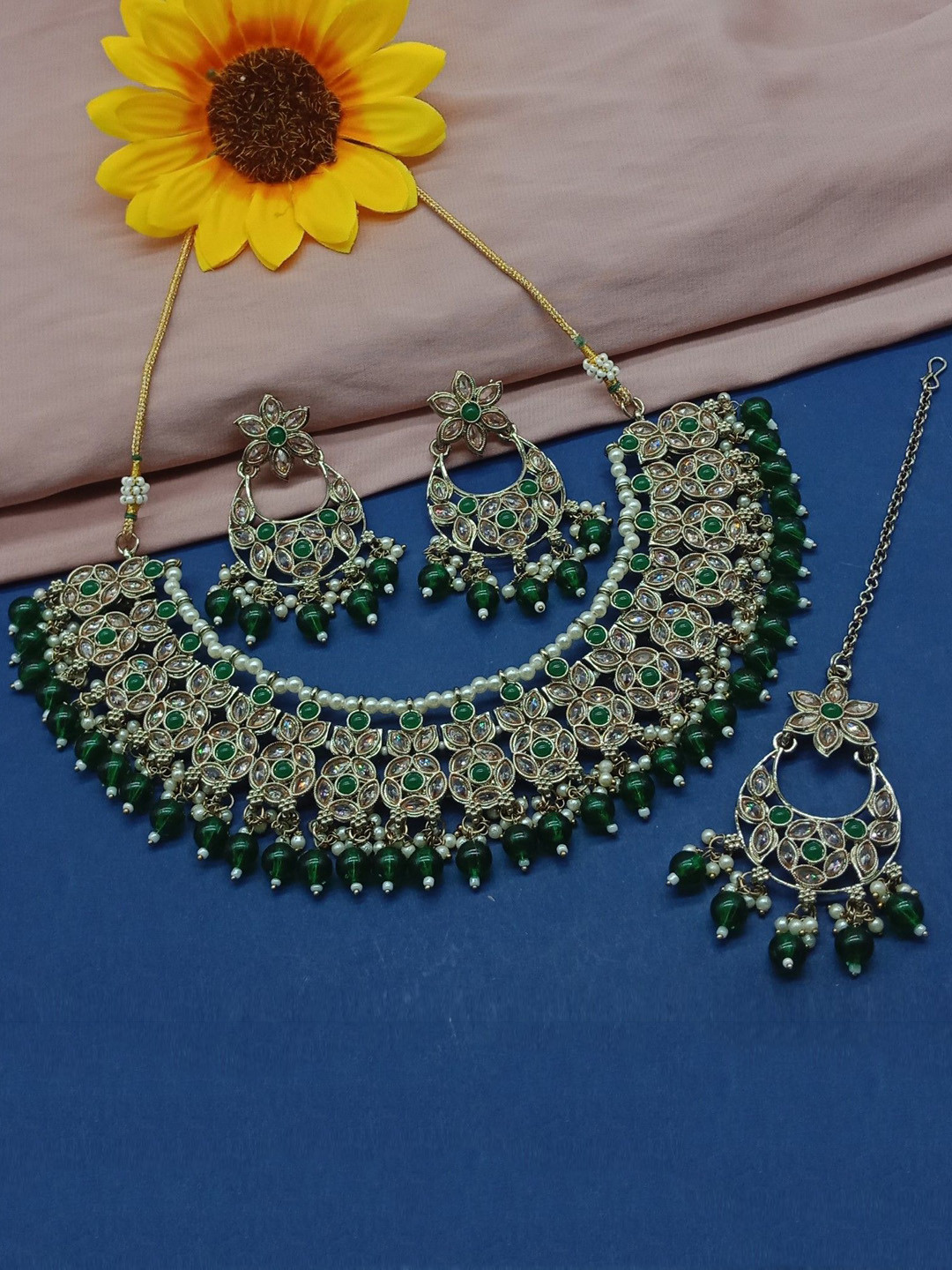 

AASHISH IMITATION Gold-Plated American Diamond Studded Jewellery Set, Green