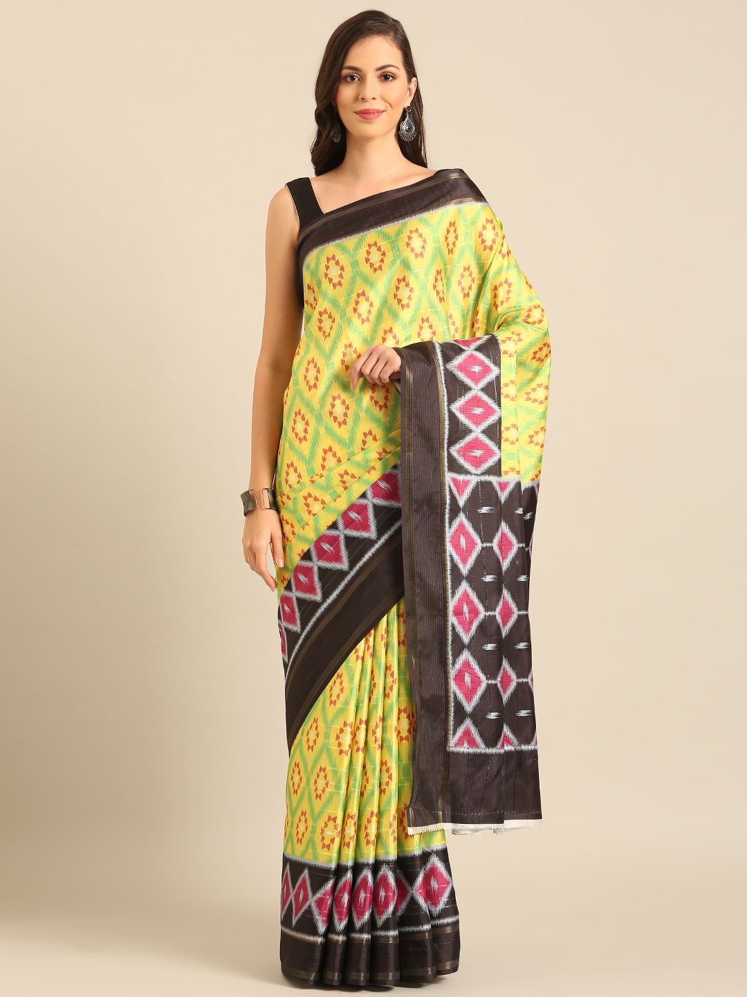 

Ishin Geometric Print Zari Saree, Yellow