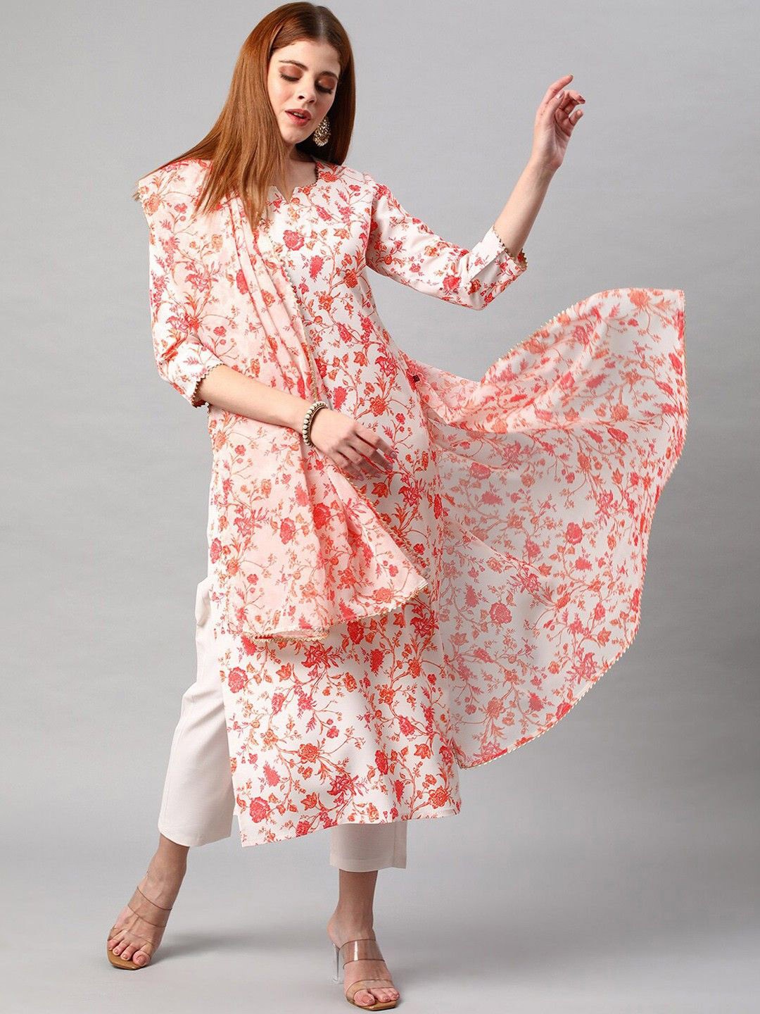 

GoSriKi Women Floral Printed Regular Kurta with Trousers & With Dupatta, White