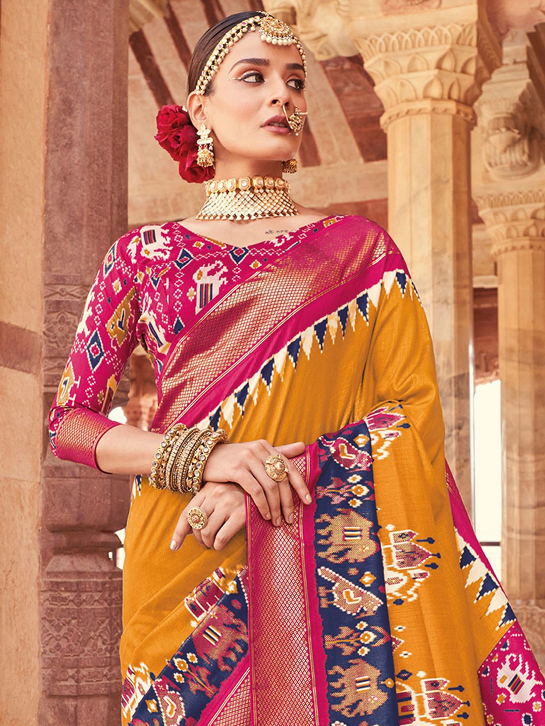 

Satrani Ethnic Motifs Zari Art Silk Patola Saree, Yellow