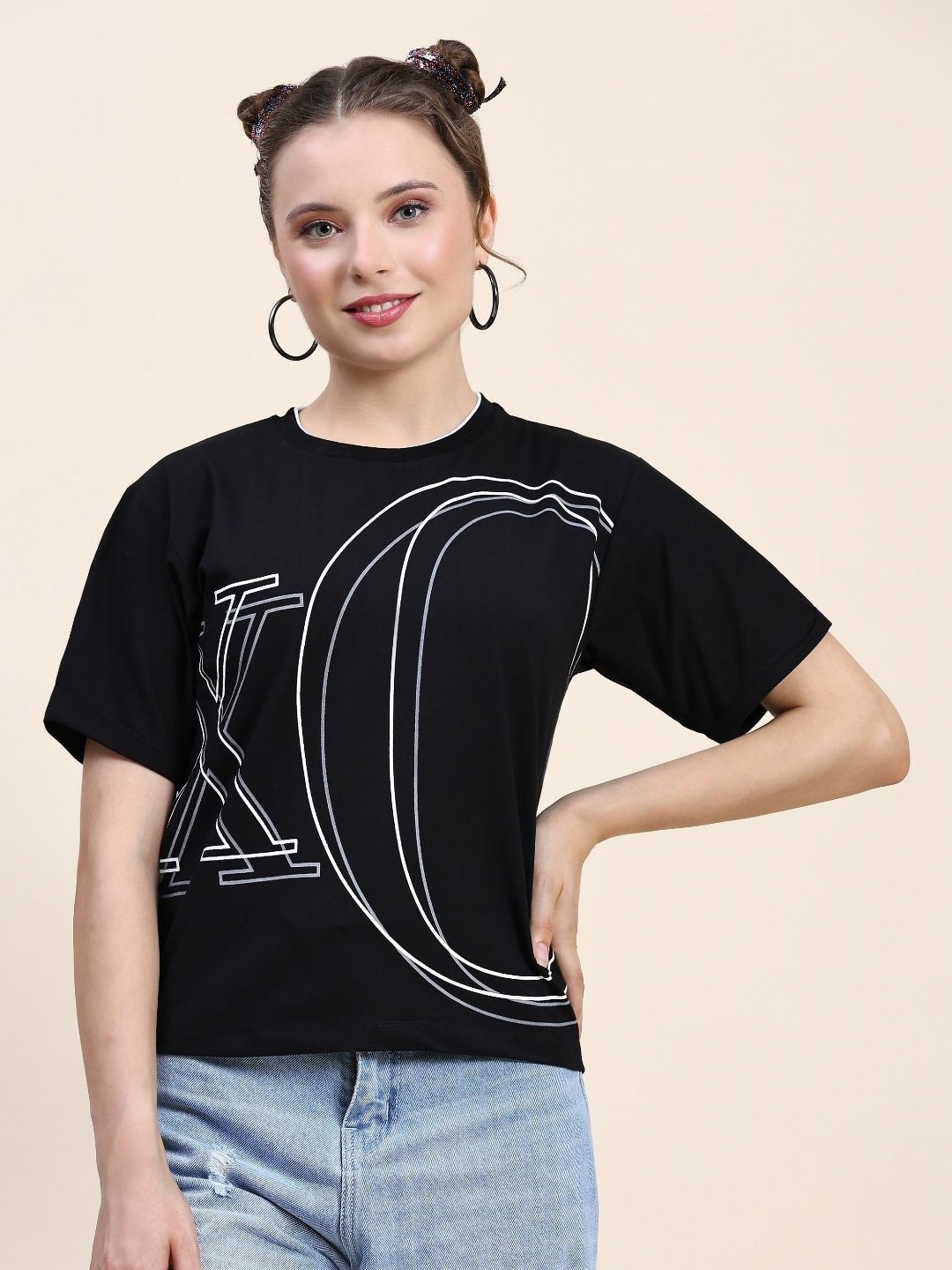 

AECK Women Graphic Printed Round Neck Cotton Relaxed Fit T-Shirt, Black