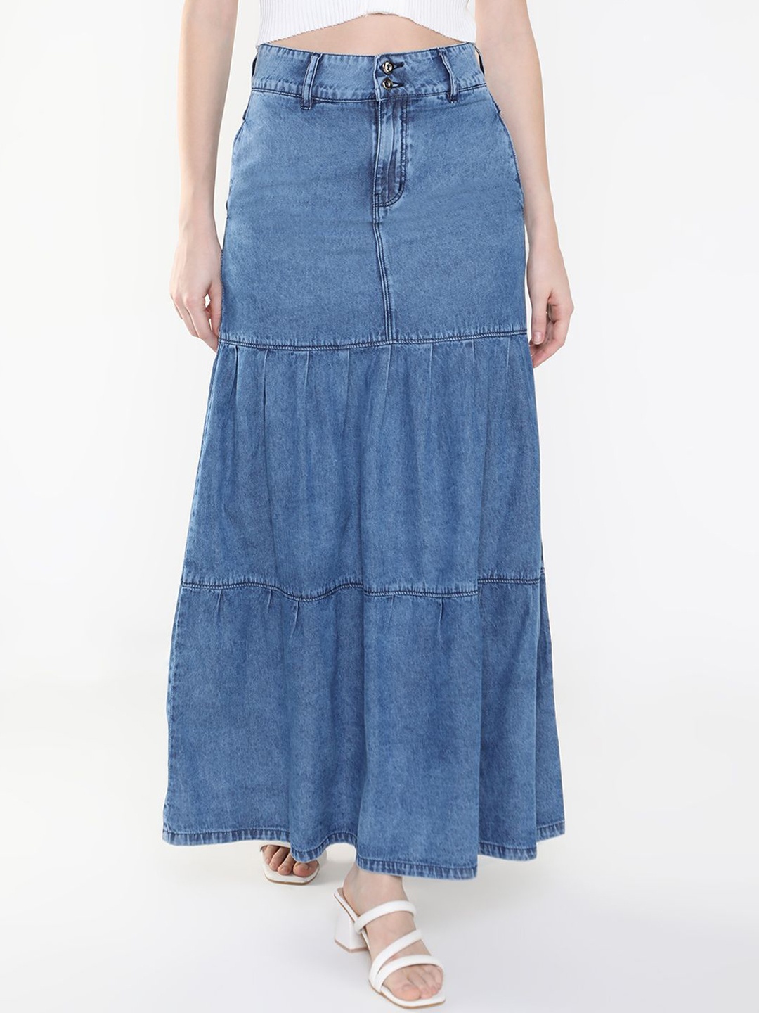

SHOWOFF Tiered Maxi Denim Skirt, Navy blue