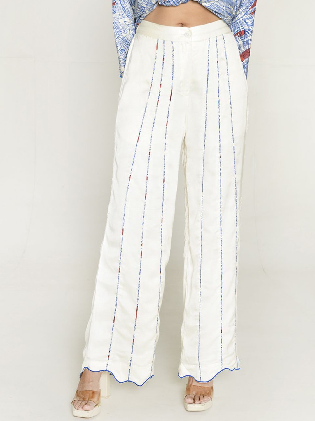 

Rias Jaipur Women Printed Loose Fit High-Rise Trousers, Off white