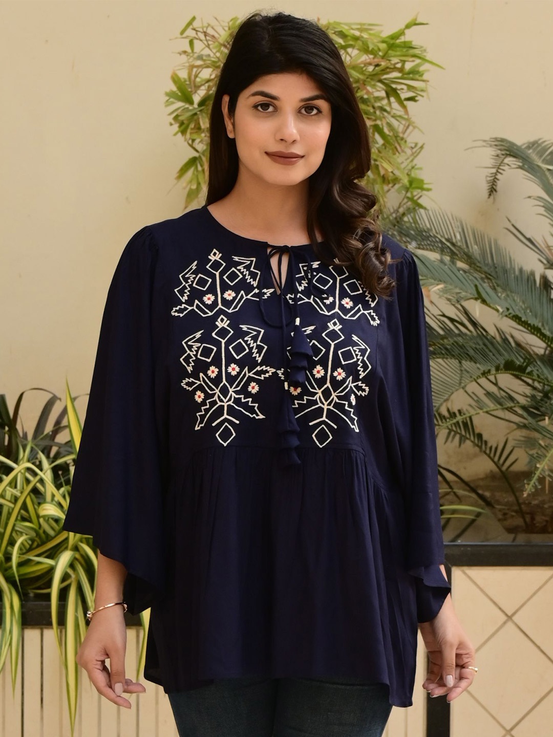 

FUBAR Tie-Up Neck Top, Blue