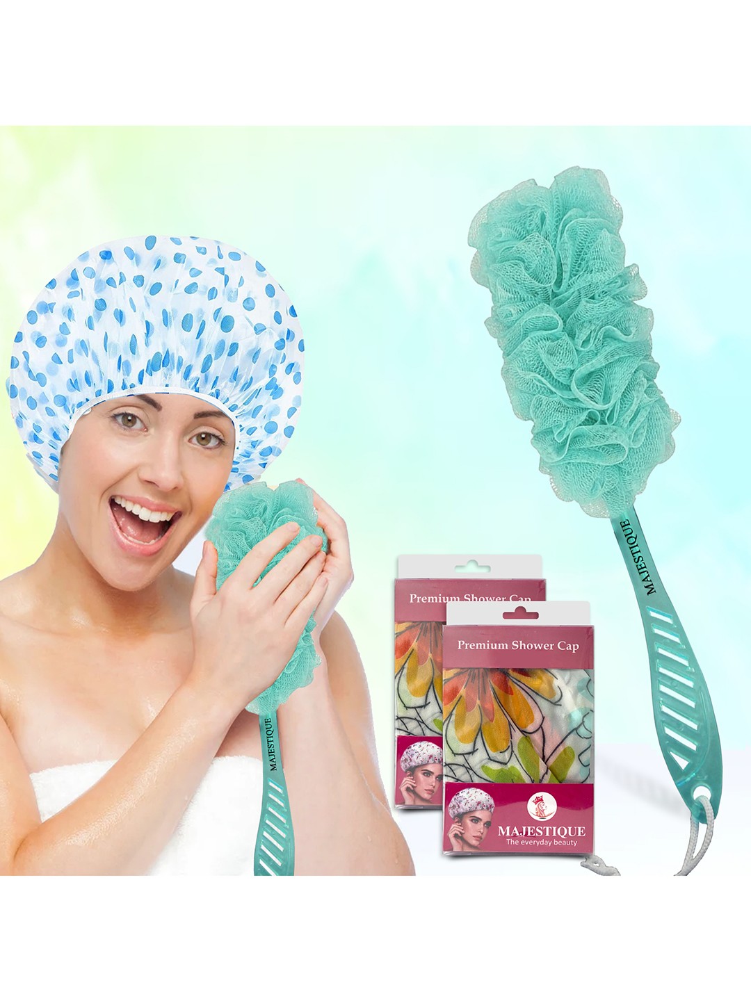 

MAJESTIQUE Set of 3 Shower Cap For Women With Long Handle Bath Loofah, Multi