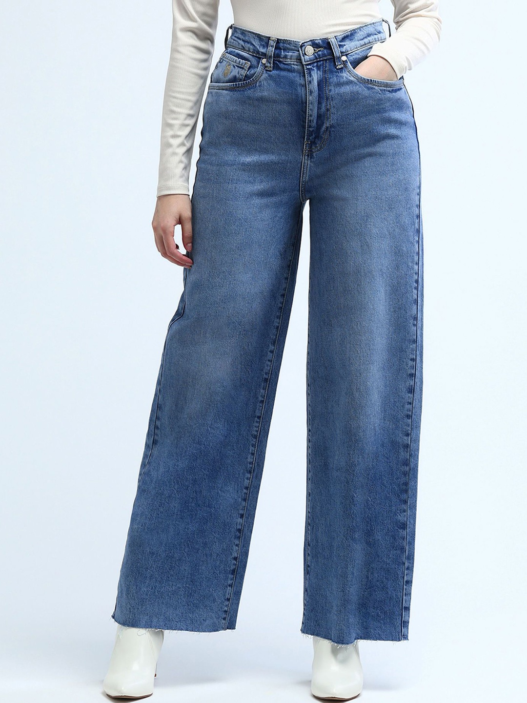 

U.S. Polo Assn. Women Women Wide Leg High-Rise Light Fade Stretchable Jeans, Blue