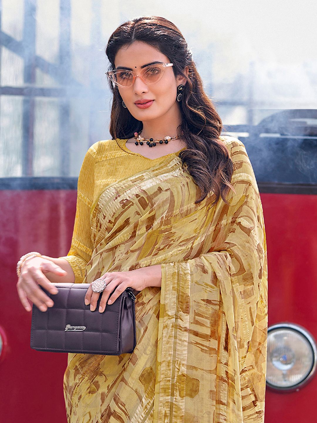 

Satrani Ethnic Motifs Pure Georgette Muga Saree, Yellow