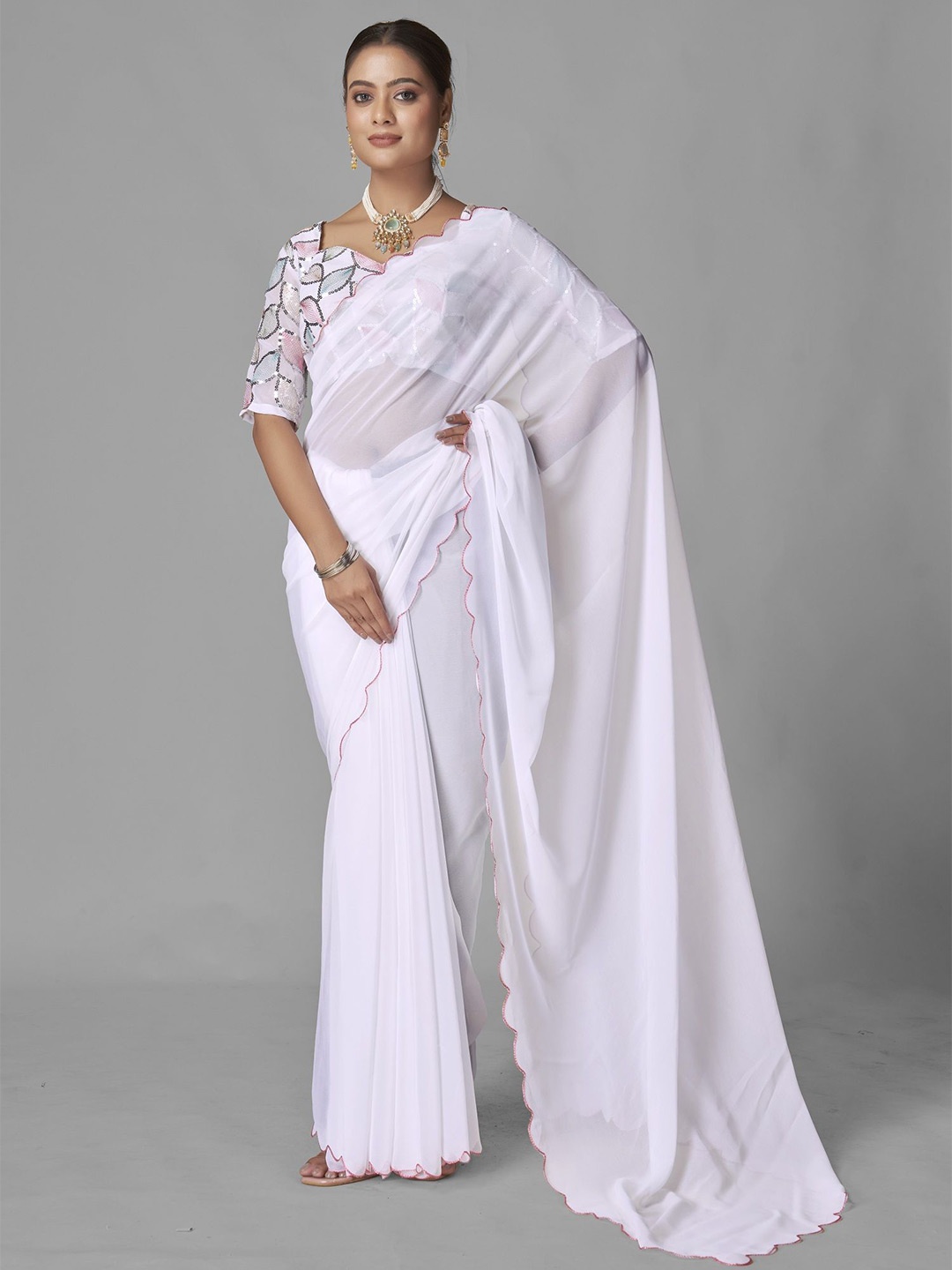 

Aika Pure Georgette Embroidered Saree, White