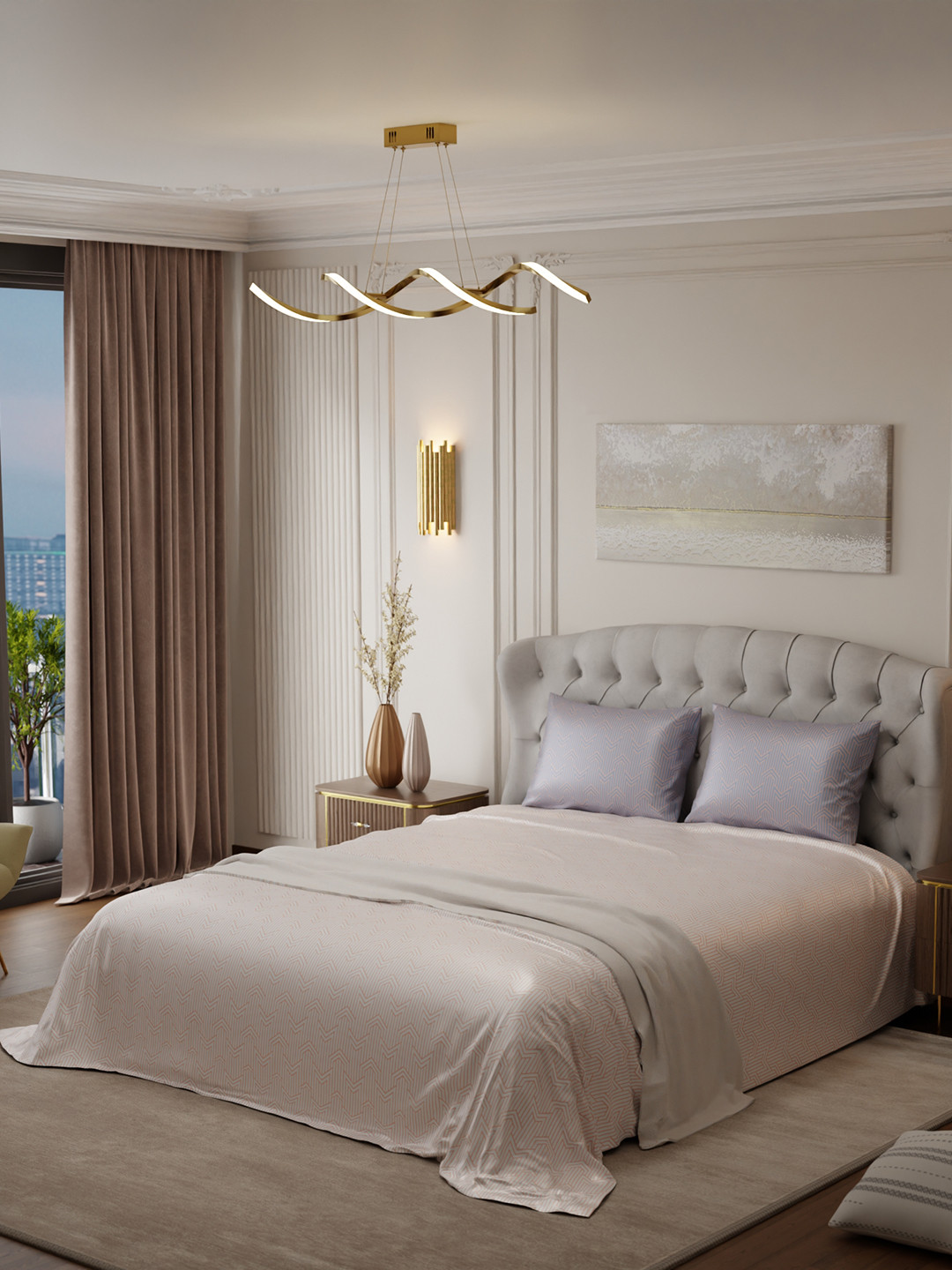 

Stoa Paris Elegance Peach Grey Geometric 300 TC King Satin Bedsheet with 2 Pillow Covers