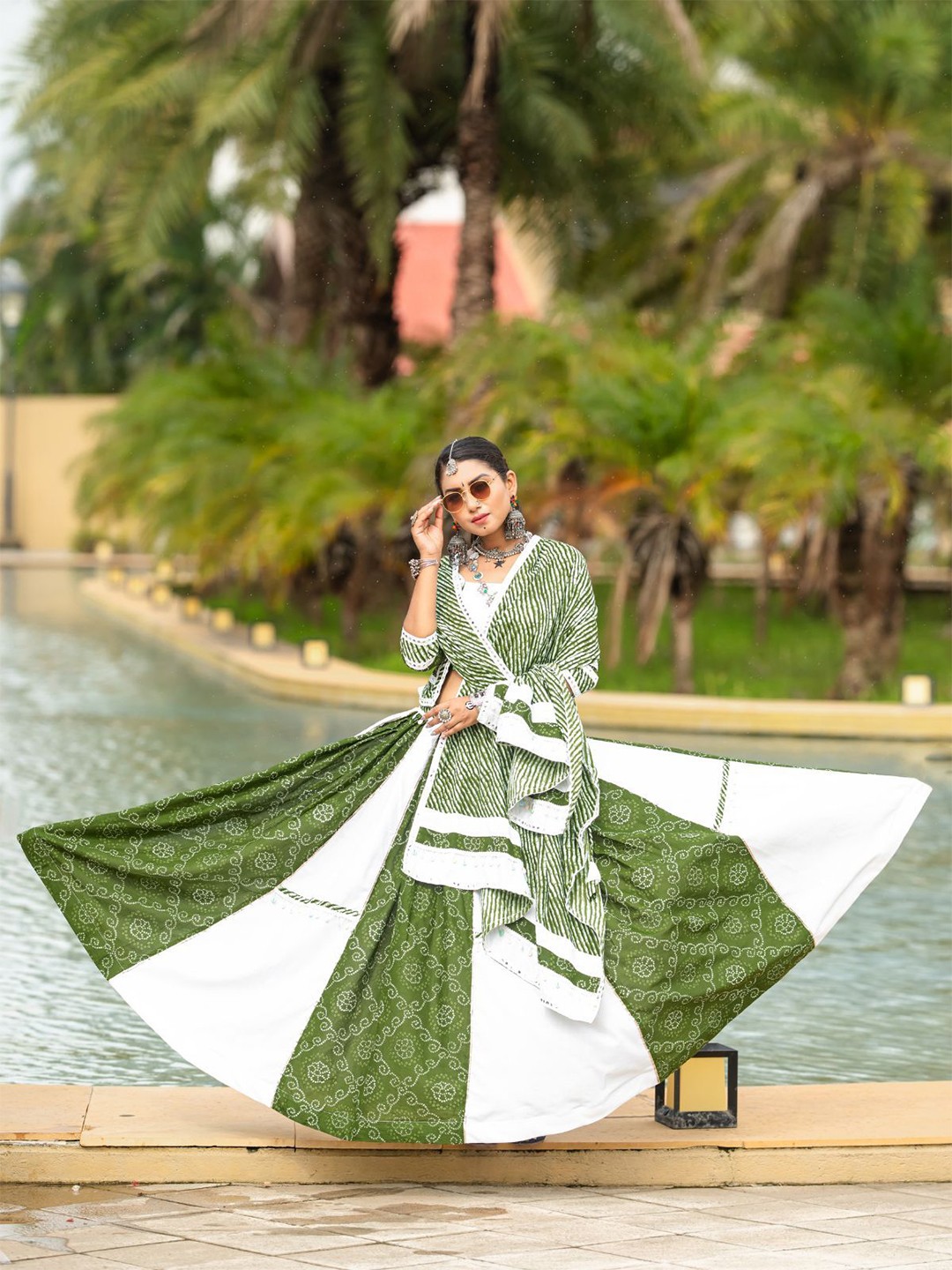 

ODETTE Printed Cotton Ready to Wear Lehenga & Blouse With Dupatta, Green