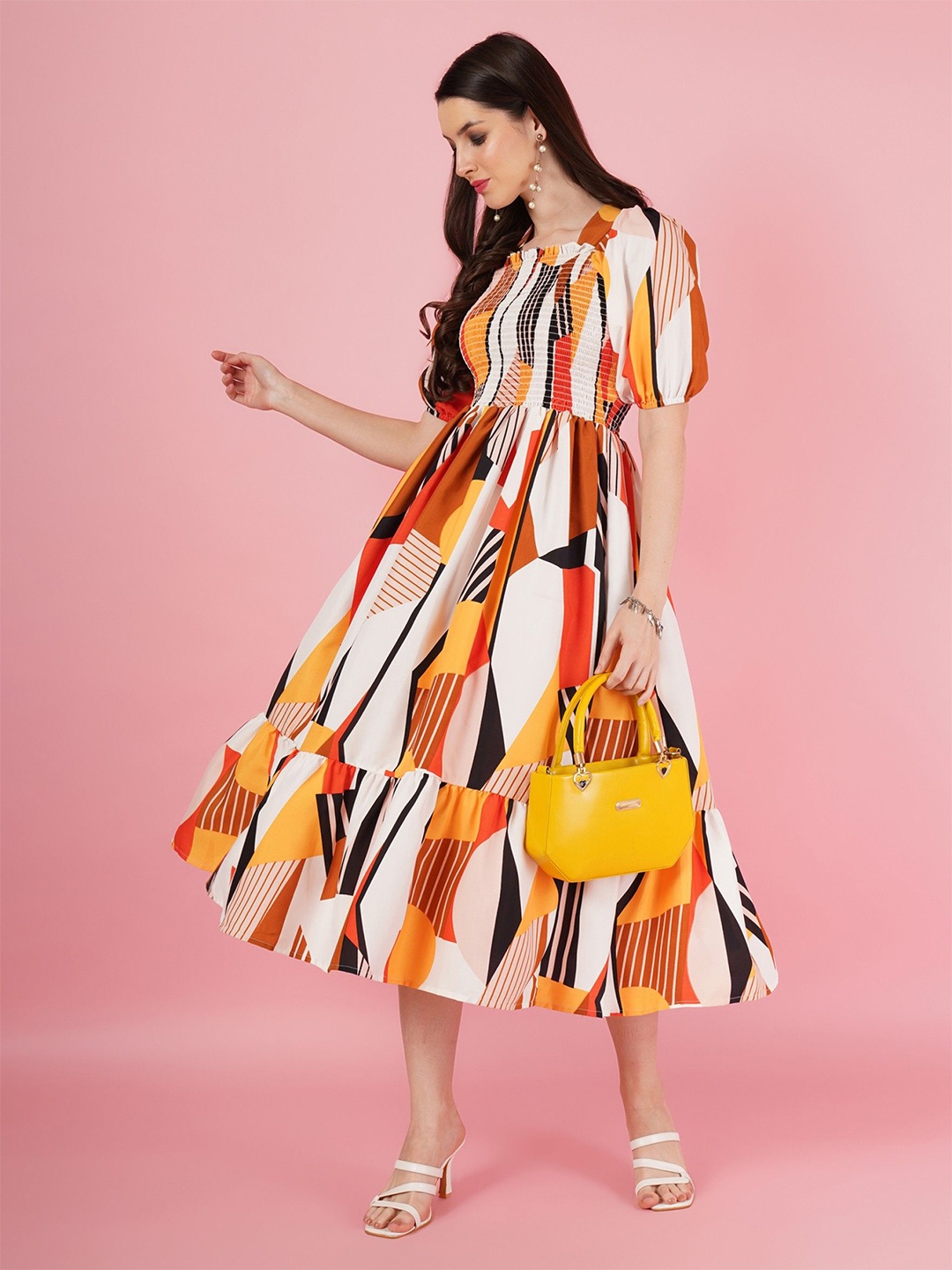 

Femvy Print Puff Sleeve Fit & Flare Dress, Yellow