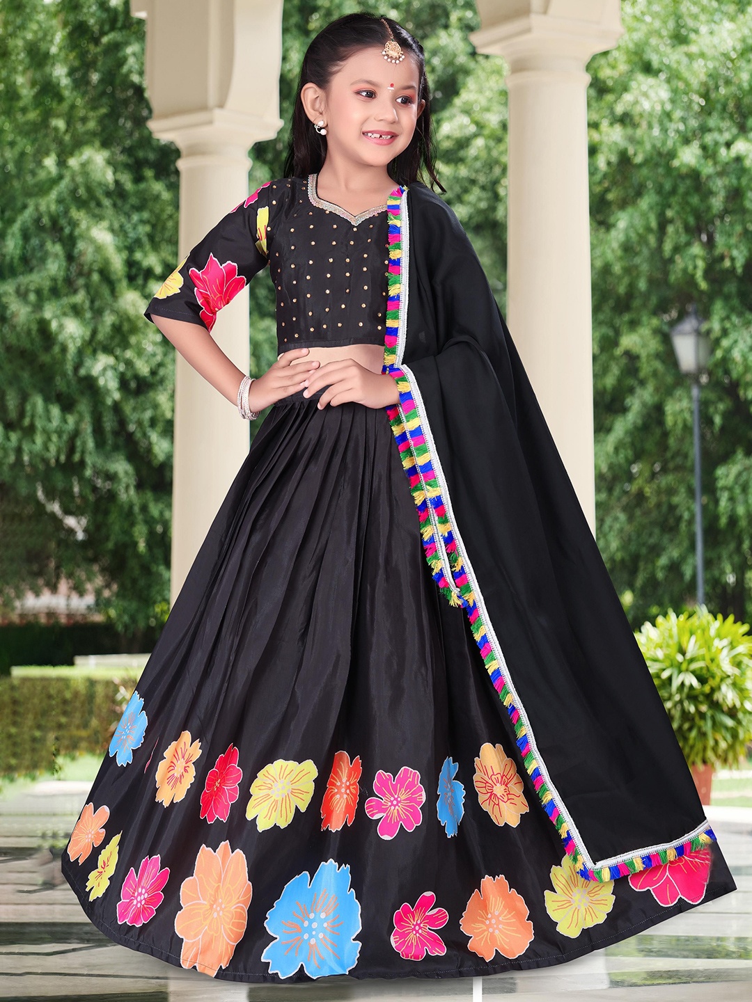 

BAESD Girls Embellished Mirror Work Ready to Wear Lehenga & Blouse With Dupatta, Black