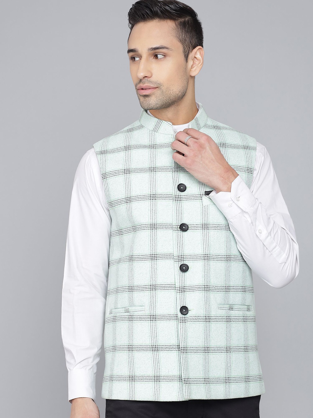 

LA'SCOOT Checked Woven Design Sleeveless Nehru Jackets, Grey