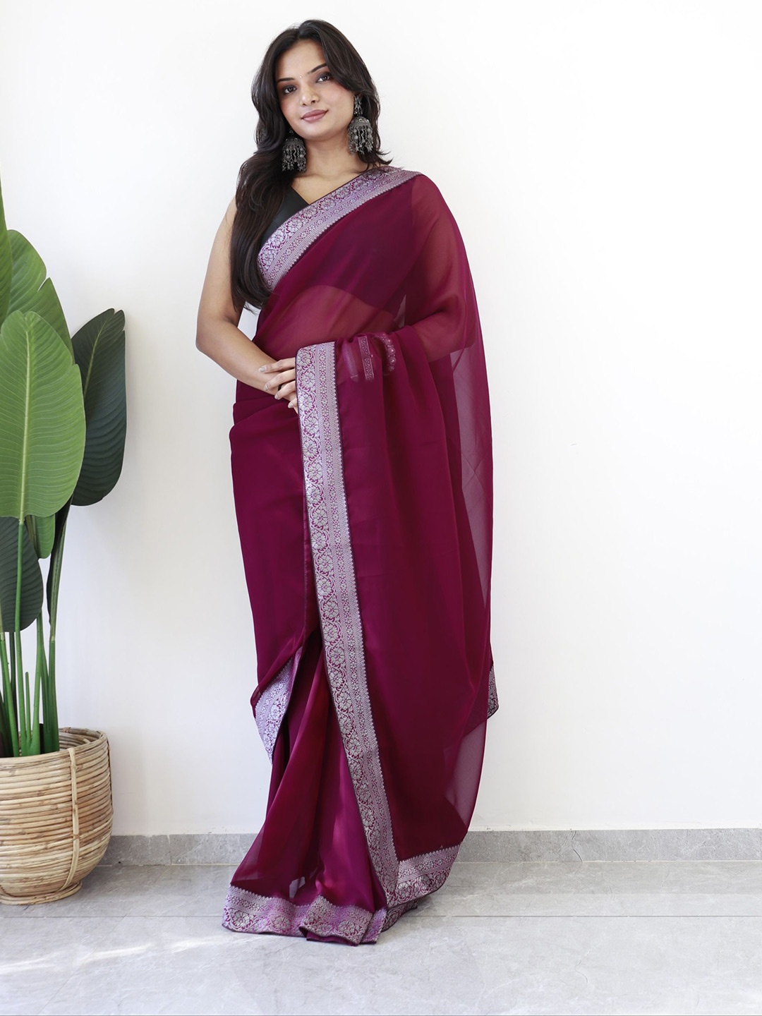 

Panzora Zari Poly Georgette Ready to Wear Saree, Maroon